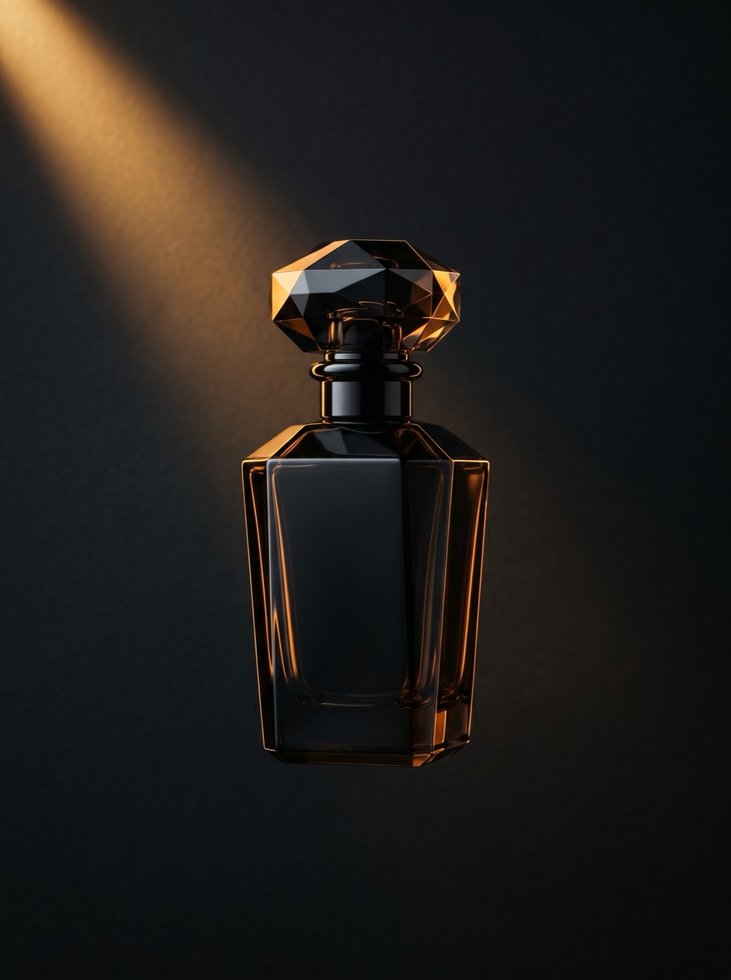 The NOIRE No. 1 bottle — hand-blown black glass with a faceted volcanic-stone stopper, lit by a single amber beam.