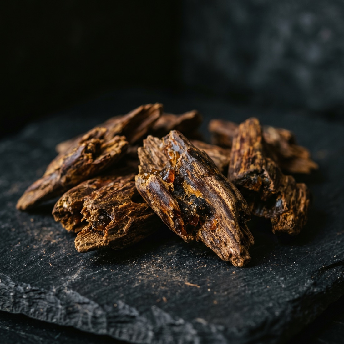 Raw oud agarwood chips on dark slate.