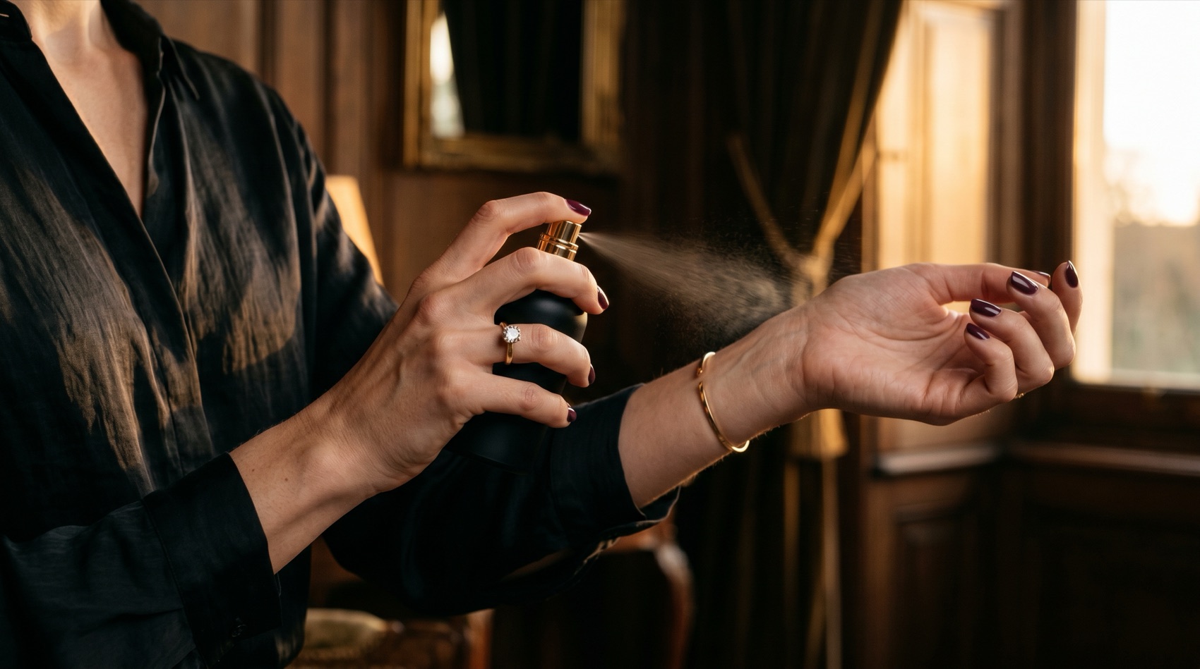 A ringed hand applying NOIRE from a black glass bottle to the wrist in golden light.