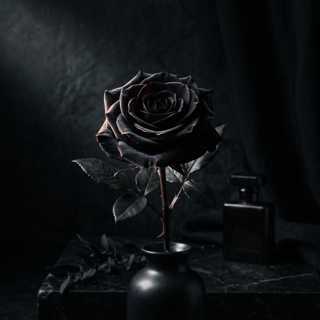 A single black rose in low light.