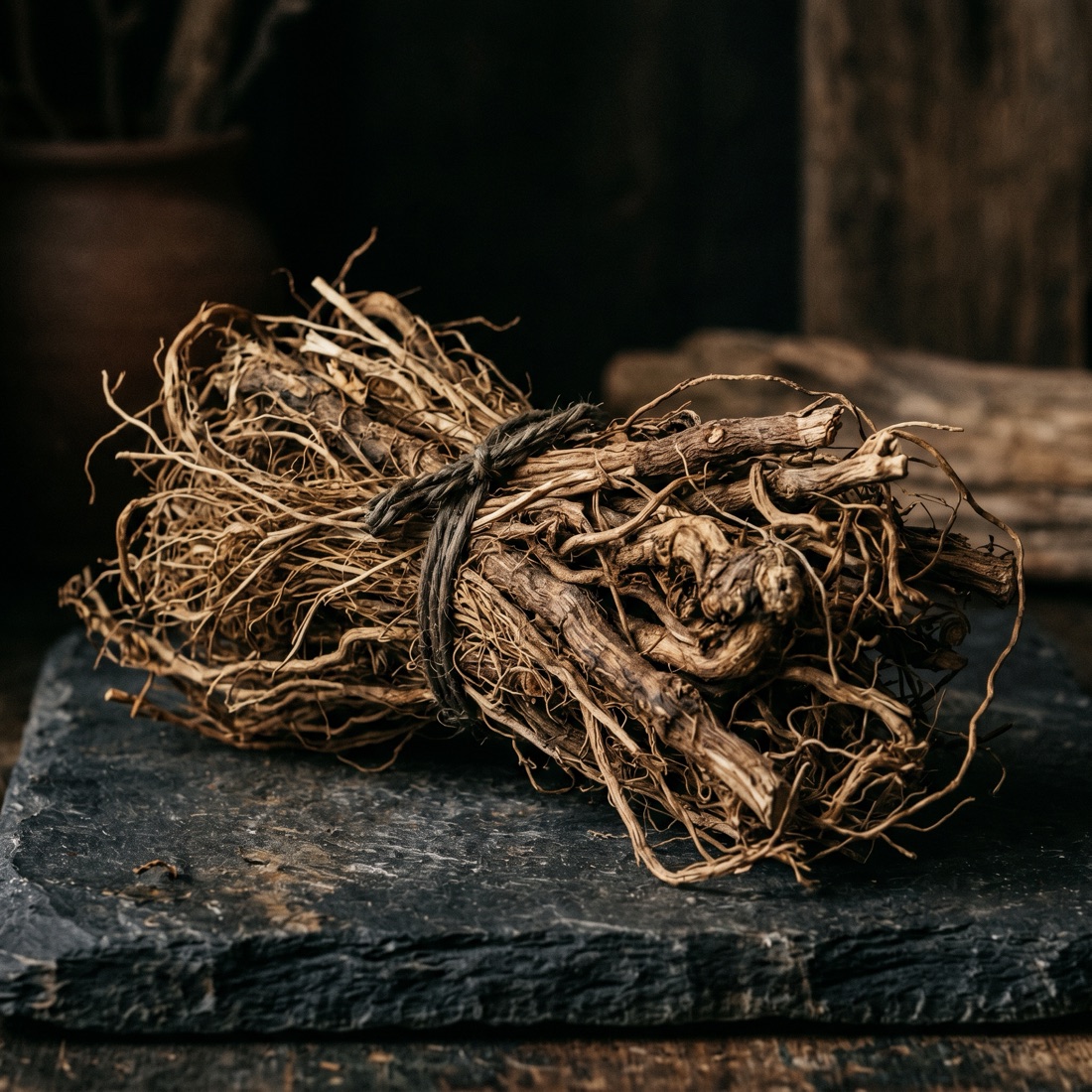 A bundle of dried vetiver roots.
